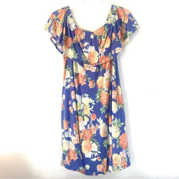 So cute! Tropical blue FLORAL PRINT OFF SHOULDER RUFFLE w/POCKET mini DRESS, NWT - Picture 12 of 15